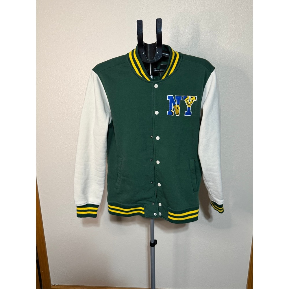 Retro Stitch Mens NY Varsity Bomber Jacket Green White Fleece Snap Front Size M